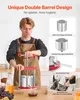 A man is demonstrating how to use a stainless steel fruit press in a kitchen setting, with accompanying close-ups of the product's components. Produktbild-Vorschau