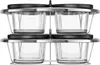 A set of four glass containers with black lids, stacked in two rows of two, held in a silver metal rack. Voir les images du produit