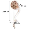 A wooden pendulum clock with intricate gears, shown with dimensions indicated. Produktbild-Vorschau