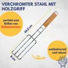 A grill basket with a wooden handle is shown with dimensions and descriptive text. Produktbild-Vorschau
