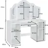 A white children's vanity table with a tri-fold mirror and storage shelves, with dimensions indicated by measurement lines and text. Produktbild-Vorschau