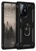 A black smartphone case with a ring holder is shown in front of a blurred image of a phone screen displaying the time and date. Produktbild-Vorschau