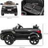 A collage of images showing a black electric toy car for children, including front, side, and interior views with dimensions. Náhľad obrázku produktu