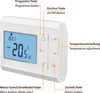 A close-up view of a white digital thermostat with a blue screen displaying the time and temperature, along with labels pointing to various buttons and functions. Produktbild-Vorschau