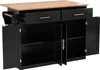 A black kitchen island with a wooden top, featuring open cabinets and drawers. Voir les images du produit
