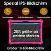 A pink tablet is displayed in front of a blurred background of theater seats. Text overlays highlight product features. Produktbild-Vorschau
