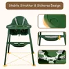 A green high chair with multiple inset images showing features like the tray, footrest, and harness. Produktbild-Vorschau