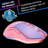 A pink gaming mouse with RGB lighting against a black background, featuring marketing text and a warranty badge. Produktbild-Vorschau