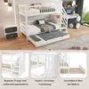 A white bunk bed with a pull-out trundle bed, a desk, and a chair. The image is divided into sections showing different features of the bed. Náhled obrázku produktu