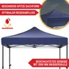 A blue pop-up gazebo with text overlays highlighting its features. Produktbild-Vorschau