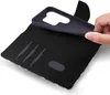 A hand is shown inserting a phone into a black flip-style phone case with card slots. Produktbild-Vorschau