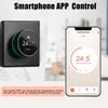 A smart thermostat and a smartphone app displaying temperature control. Produktbild-Vorschau
