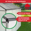 Close-up view of a greenhouse corner with text overlays highlighting features. Produktbild-Vorschau