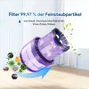 A vacuum cleaner filter is shown with illustrations of dust particles, pollen, and bacteria being filtered out. There is also text overlay promoting the filter's efficiency. Produktbild-Vorschau