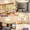 A collage of four images showing a ceiling light fixture installed in different rooms: a living room, a bathroom, a bedroom, and a kitchen. Produktbild-Vorschau