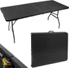 A black folding table is shown in its open and folded states, with a close-up detail of its construction. Náhľad obrázku produktu