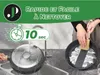 A person is cleaning a frying pan in a sink, while another frying pan is being rinsed under a faucet. There is a timer graphic indicating 10 seconds. Produktbild-Vorschau