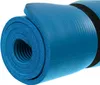 A close-up, rolled-up blue yoga mat with a black strap. Produktbild-Vorschau