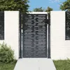 A modern garden gate made of steel with a perforated design, set between two white brick pillars. Náhľad obrázku produktu
