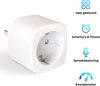 A white smart plug is shown on a white background, with icons and text describing its features. Produktbild-Vorschau