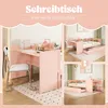 A collage of images showing a pink children's bed with an integrated desk, demonstrating different configurations. Náhľad obrázku produktu