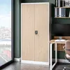 A modern office setting with a large wooden-look cabinet, a desk with a monitor, and a window overlooking a city. Voir les images du produit