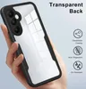 A hand holding a transparent phone case with a black frame, showcasing its features. Produktbild-Vorschau