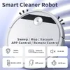 A top-down view of a white smart cleaner robot with various feature callouts. Produktbild-Vorschau