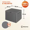 A grey storage box with dimensions and capacity indicated. Produktbild-Vorschau