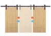 A set of three sliding barn doors on a black track, with two outer doors in a light wood finish and a central door shown in a lighter beige, with arrows indicating movement. Produktbild-Vorschau