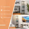 Collage showing a floor lamp with shelves in a bedroom and living room setting, along with feature callouts. Podgląd zdjęcia produktu