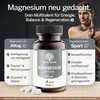 A man is shown in the background while a bottle of magnesium complex is in the foreground, with text highlighting its benefits for everyday life and sports. Produktbild-Vorschau