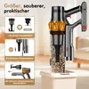 A cordless vacuum cleaner is shown with inset images highlighting its features. Produktbild-Vorschau