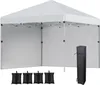 A white pop-up tent with side walls is shown, along with four black sandbags and a black carrying bag for the tent. Produktbild-Vorschau