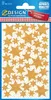 The image shows a package of gold glitter star stickers with a white background and small grey dots. The packaging has branding and product information. Produktbild-Vorschau