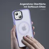 A person is holding a light purple phone case with a clear back, showing the Apple logo inside. The background is a plain gray. Produktbild-Vorschau