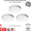 Three white, round smoke detectors are arranged in a triangular formation on a white background, with marketing text and logos surrounding them. Produktbild-Vorschau