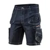 A pair of dark blue denim work shorts with multiple pockets, presented on a white background. Produktbild-Vorschau
