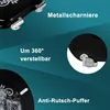 Close-up views of a black toilet seat with decorative elements and text highlighting its features. Produktbild-Vorschau