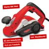 A red and black electric planer is shown against a white background, with several red text boxes highlighting its features. Produktbild-Vorschau