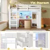 A collage of images showcasing a white loft bed with integrated desk, wardrobe, and storage, designed for children or teenagers. The main image features the bed in a room setting with LED lighting, while smaller images highlight specific features like the  Anteprima dell’immagine prodotto