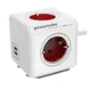A white PowerCube Extended USB with red sockets and a cable, shown from a slightly elevated angle. Produktbild-Vorschau