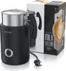 A black electric milk frother is shown next to its packaging. Produktbild-Vorschau