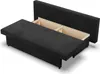 A black sofa with its storage compartment open, showing the wooden interior. Produktbild-Vorschau