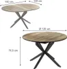 Two views of a wooden dining table with a black metal base, showing dimensions. Náhľad obrázku produktu