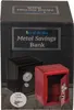 The image shows the packaging of two metal savings banks, one black and one red. The packaging is a black box with text and images of the products. Náhľad obrázku produktu