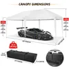 A white canopy tent with a car inside, showing dimensions and a storage bag. Voir les images du produit
