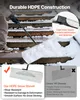 A person is using a snow shovel on wooden stairs covered in snow. The image also contains callouts highlighting product features and comparisons. Podgląd zdjęcia produktu