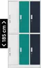 A set of six lockers, stacked two high and three across. The lockers are white, teal, and dark blue. Náhľad obrázku produktu