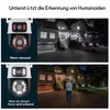 A split image showing a security camera's night vision capabilities and its human detection feature. Produktbild-Vorschau
